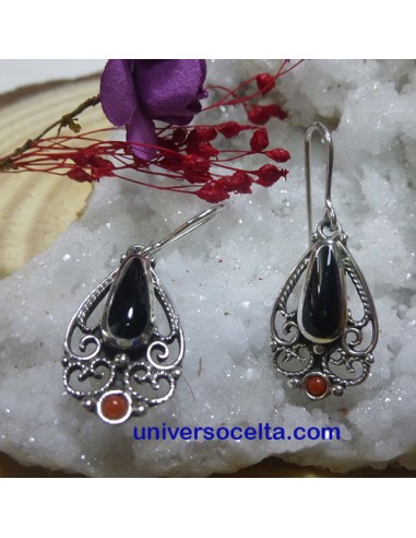 F43 Pendientes de Filigrana con Azabache y coral