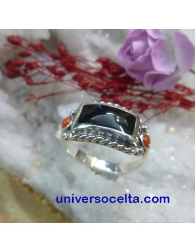 Sortija de plata con Azabache y Coral A151