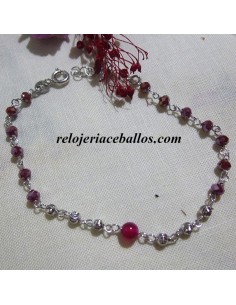Pulsera plata con bolas talladas magenta P6