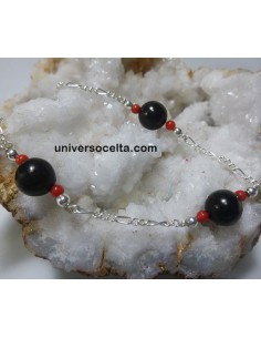 Pulsera plata con azabache y coral 2