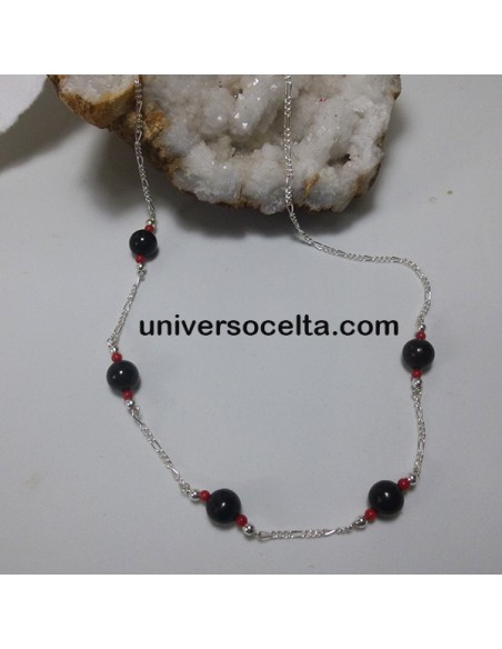 Gargantilla en plata con Azabache y Coral