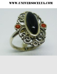 Anillo de Filigrana, Coral, Azabache y Plata A-53 2