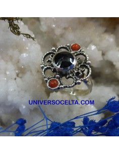 Sortija Artesana con Azabache y Coral B-40