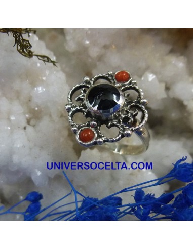 Sortija Artesana con Azabache y Coral B-40