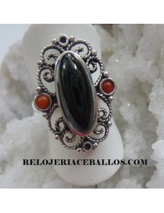 Anillo de Filigrana, Coral, Azabache y Plata A-53